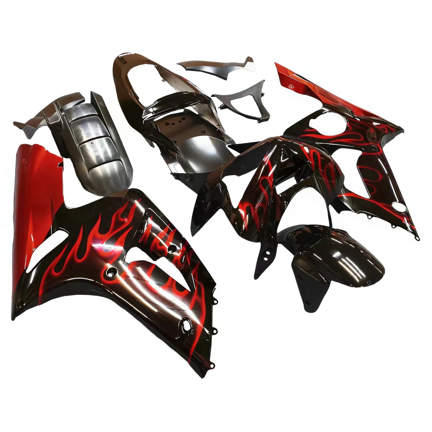 Carene 2003-2004 Kawasaki ZX6R 636 Black & Red Flame ZX6R Racing Generico