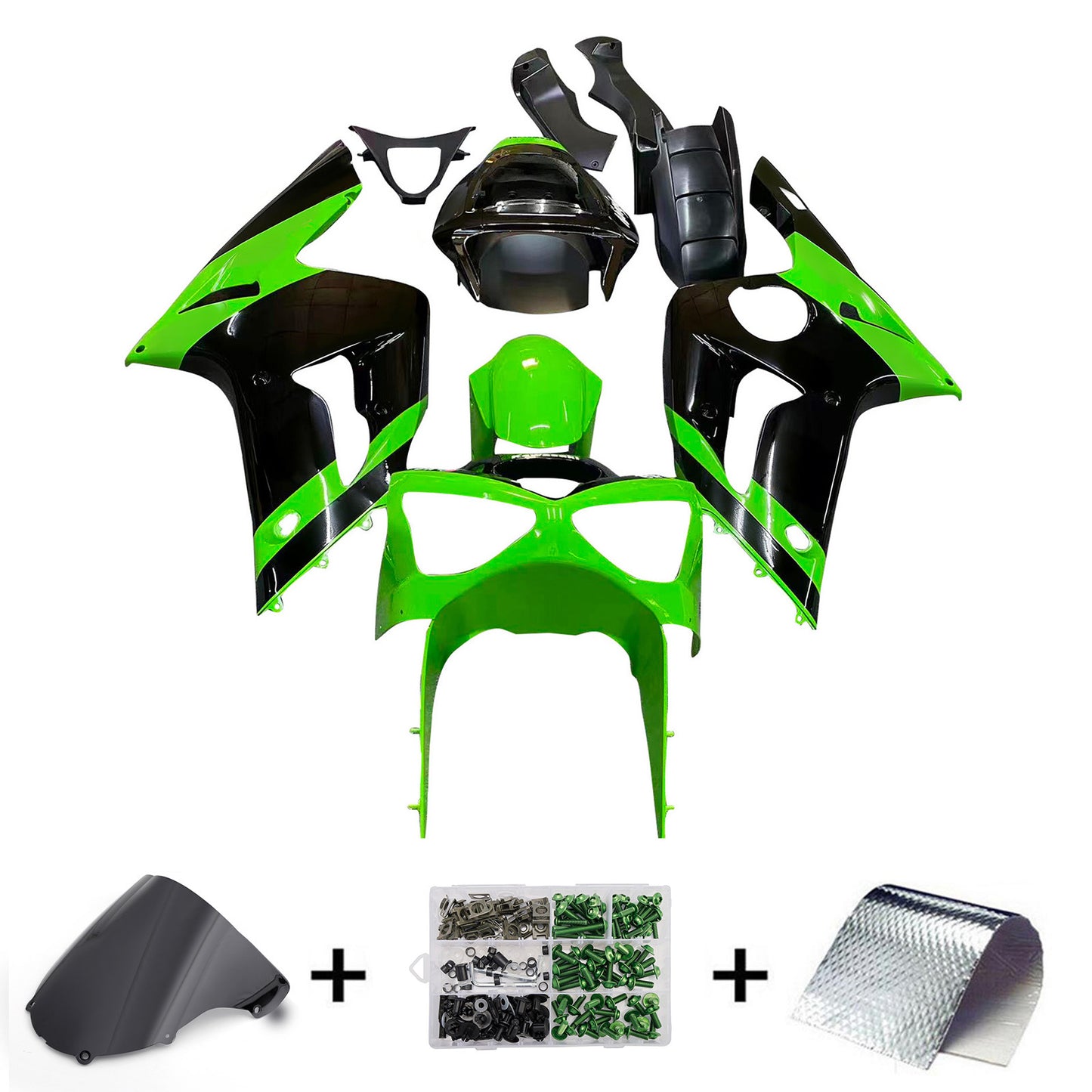 Amotopart 2003-2004 Kawasaki ZX6R Cladding Green & Black Kit
