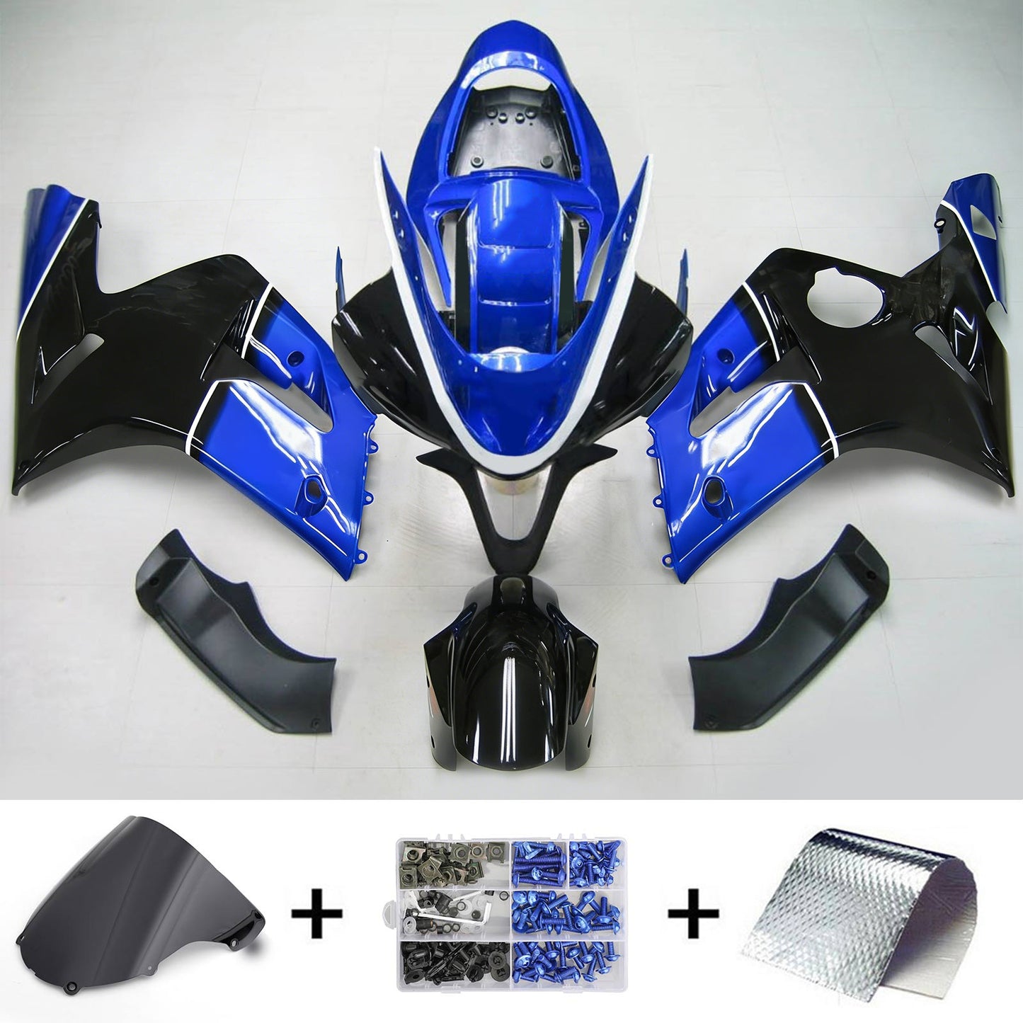 Amotopart 2003-2004 Kawasaki ZX6R 636 Kit di paura nera Blu lucido