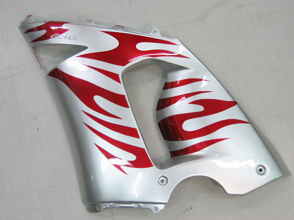 Carene 2005-2006 Kawasaki ZX6R 636 Silver &amp; Red Flame Ninja Racing Generico