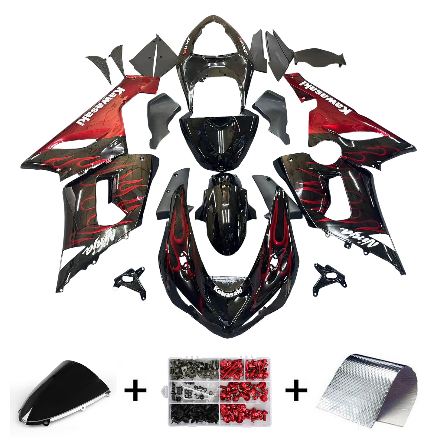 Carene 2005-2006 Kawasaki ZX6R 636 Black &amp; Red Flame Ninja Racing Generico