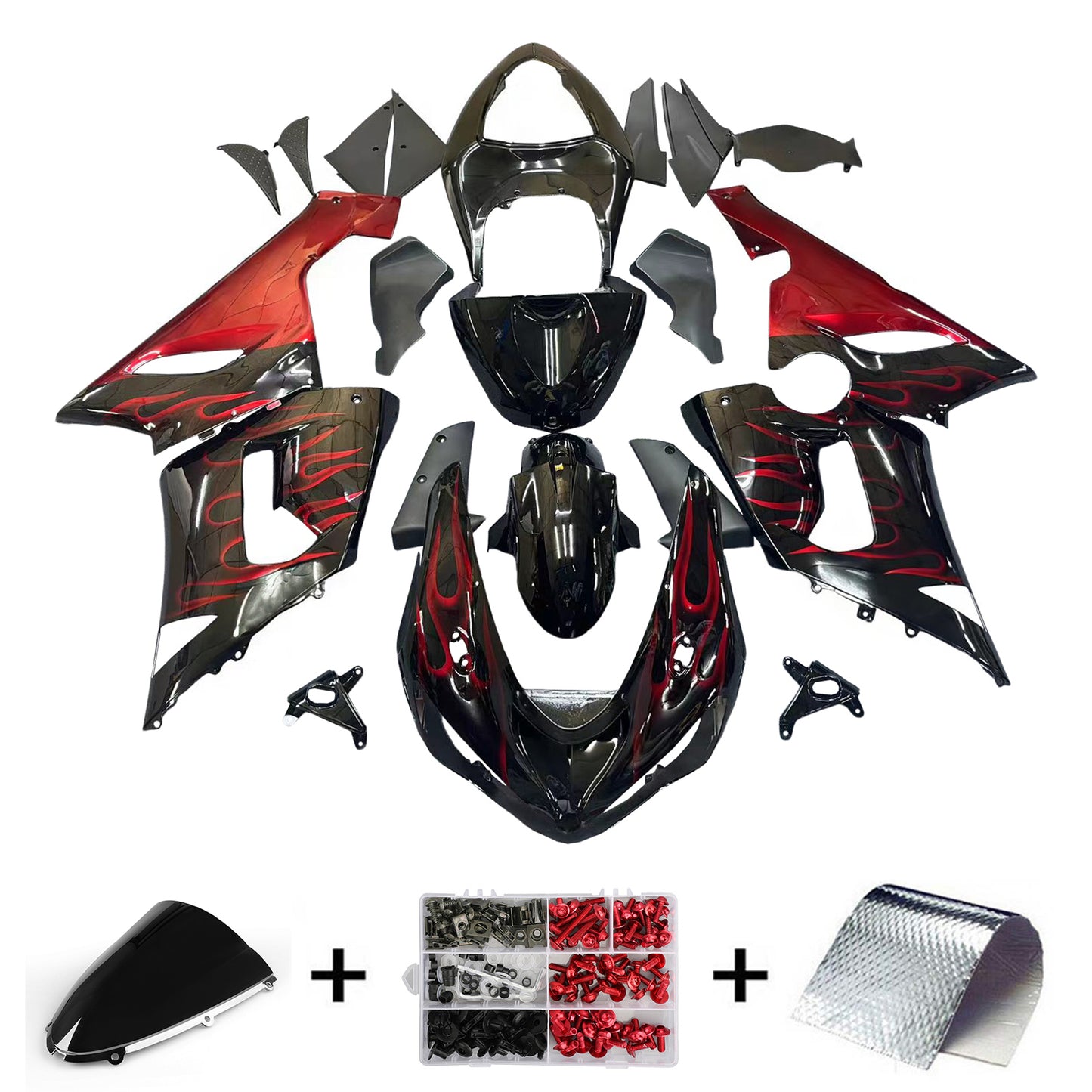 Carene 2005-2006 Kawasaki ZX6R 636 Black & Red Flame Ninja Racing Generico