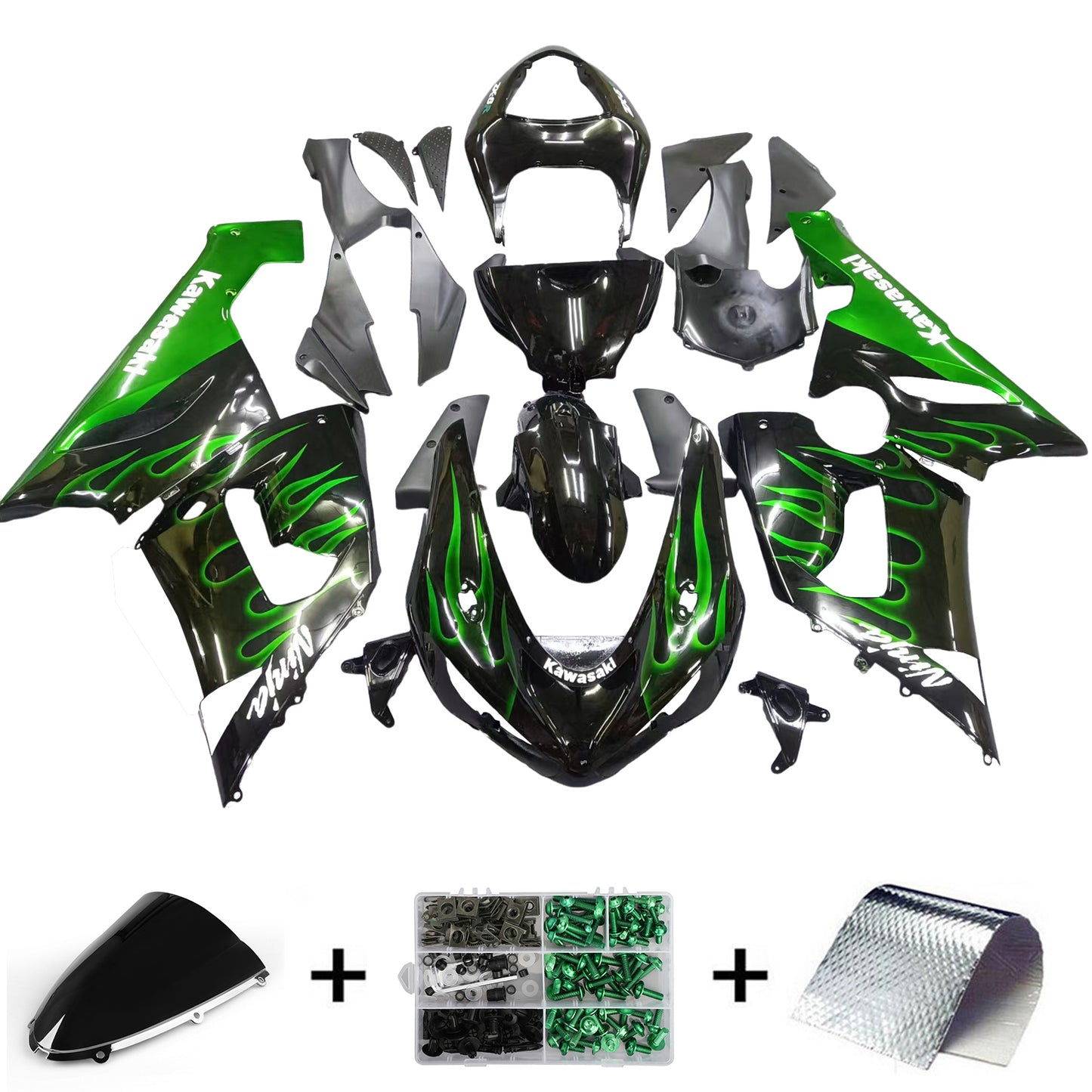 Carene 2005-2006 Kawasaki ZX6R 636 Black &amp; Green Flame Ninja Racing Generico