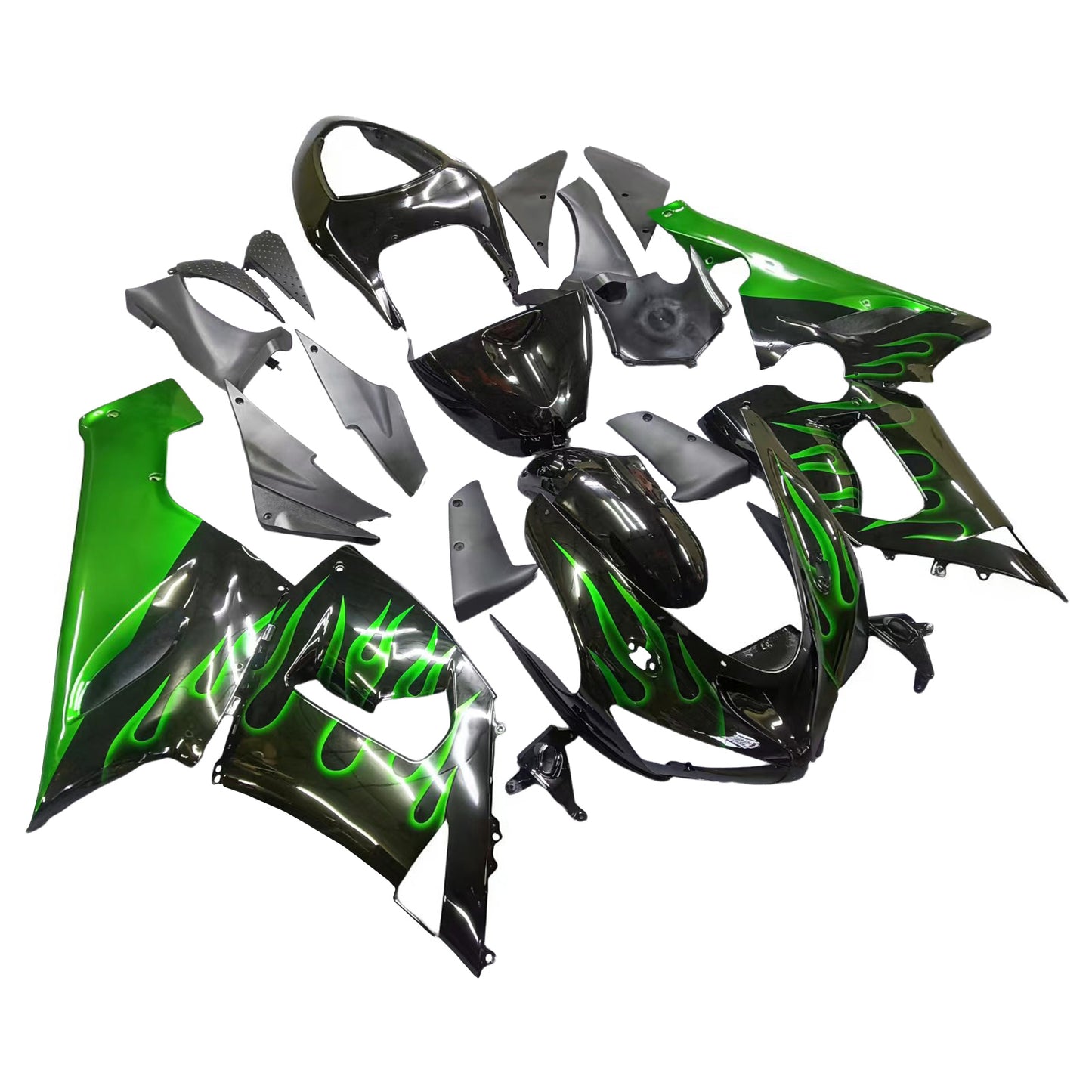 Carene 2005-2006 Kawasaki ZX6R 636 Black & Green Flame Ninja Racing Generico