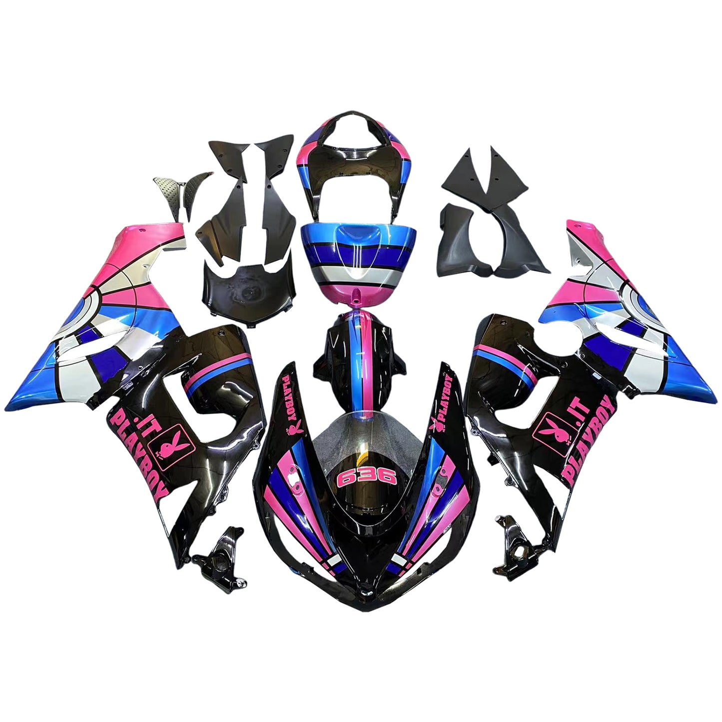 Amotopart Kawasaki 2005-2006 ZX6R 636 Kit di carenatura playboy rosa nero