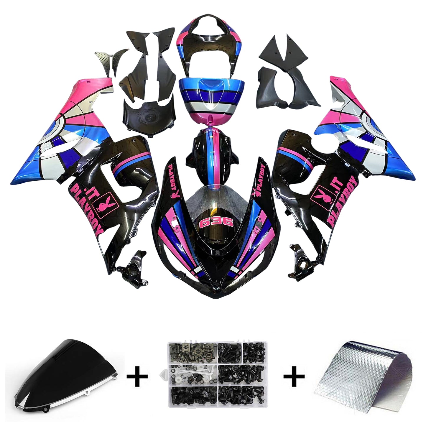 Amotopart Kawasaki 2005-2006 ZX6R 636 Kit di carenatura playboy rosa nero