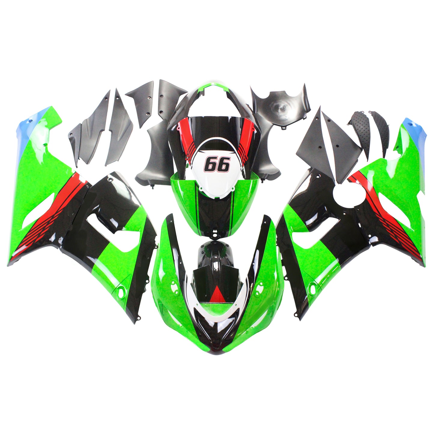 Amotopart Kawasaki 2005-2006 ZX6R 636 Black Mix Green Fearing Kit