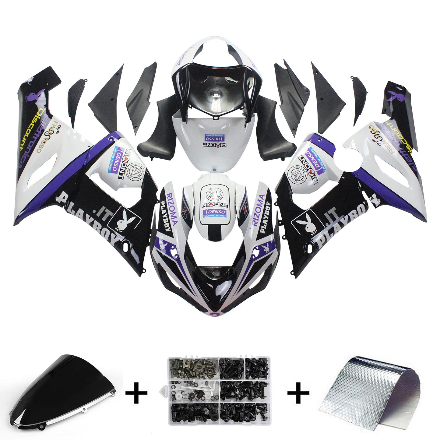 Amotopart Kawasaki 2005-2006 ZX6R 636 kit di carenatura a playboy bianco nero