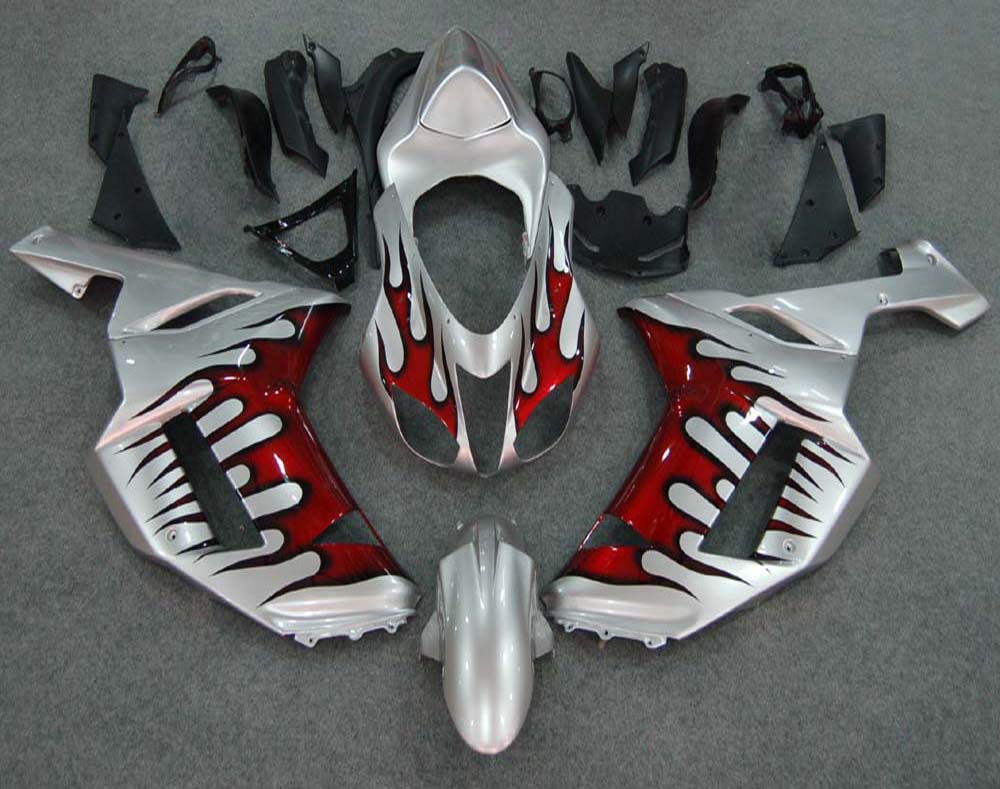Carene 2007-2008 Kawasaki ZX6R ZX636 Silver &amp; Red Flame ZX6R Racing Generico