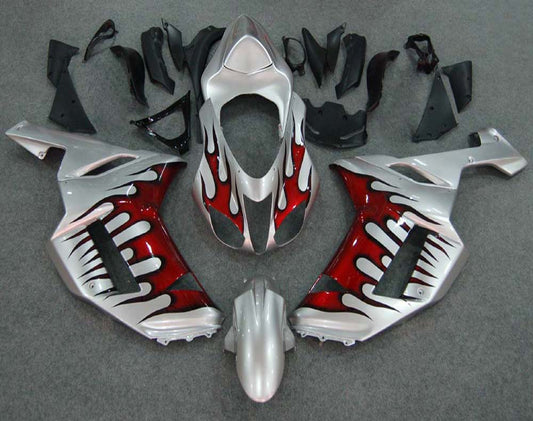 Carene 2007-2008 Kawasaki ZX6R ZX636 Silver &amp; Red Flame ZX6R Racing Generico
