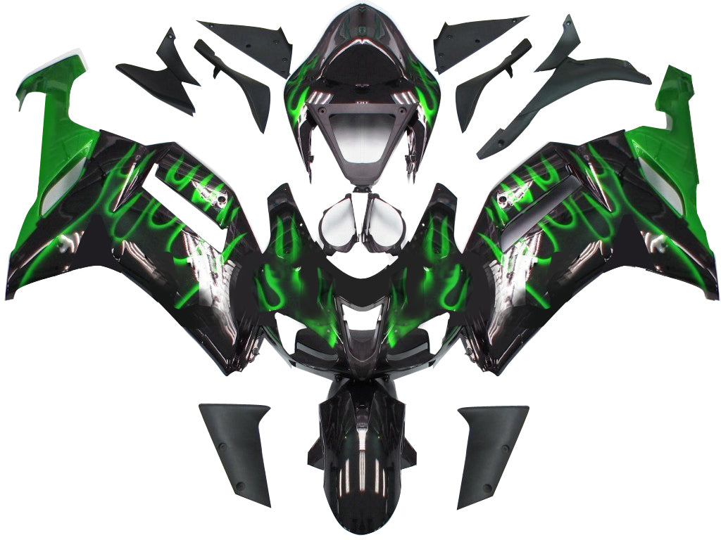 Carene 2007-2008 Kawasaki ZX6R ZX636 Black &amp; Green Flame Ninja Generico