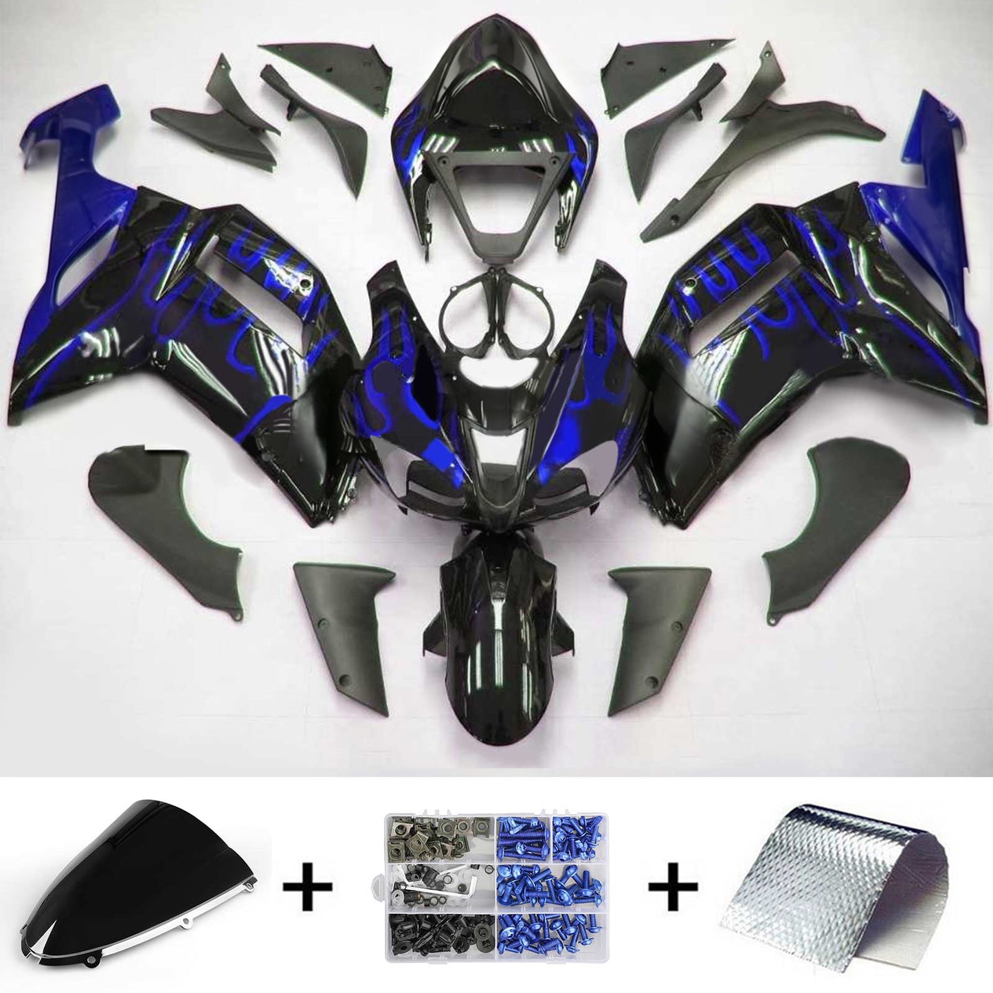Amotopart Kawasaki 2007-2008 ZX6R 636 Nero con kit di spostamento della linea blu