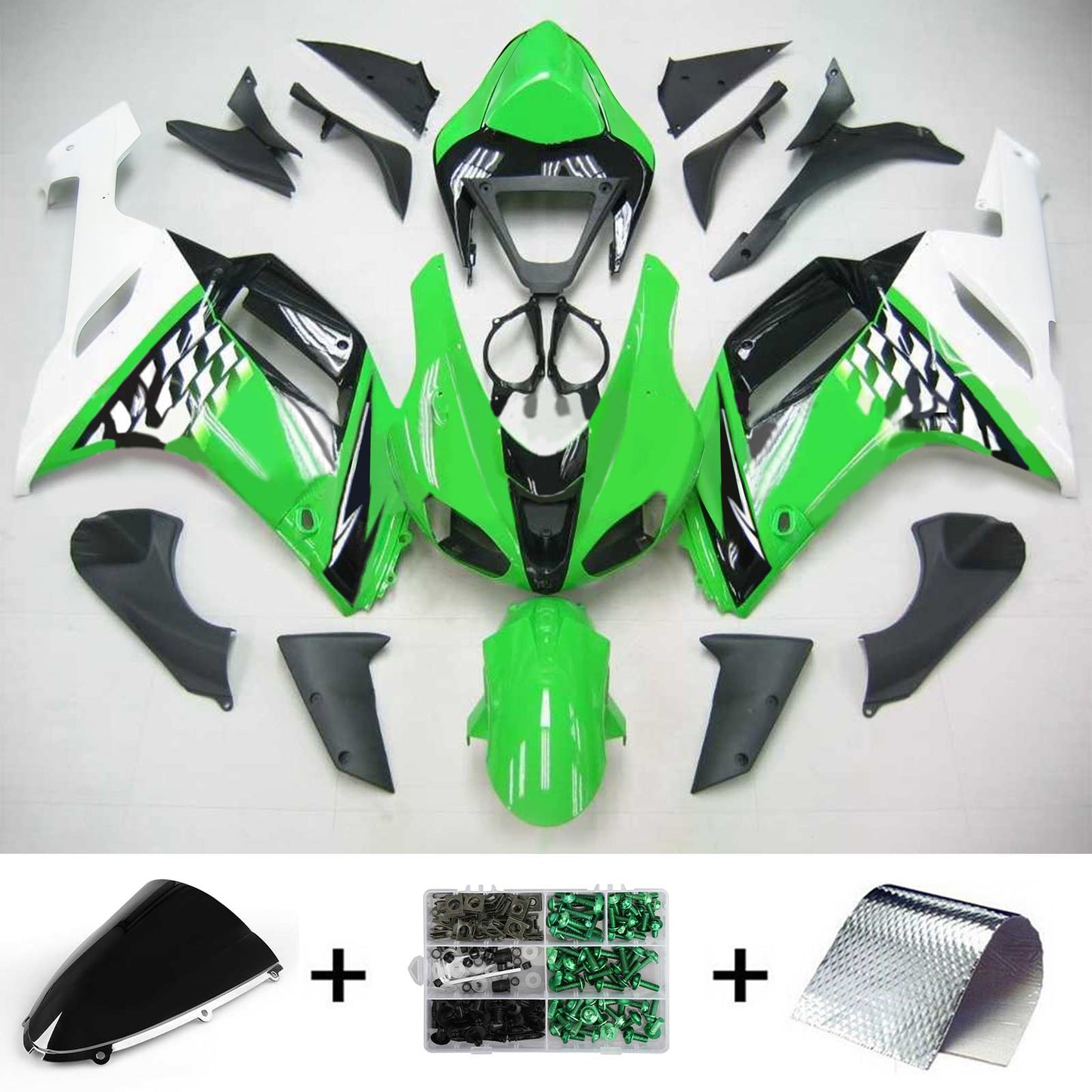 Amotopart Kawasaki 2007-2008 ZX6R 636 kit di rivestimento verde nero