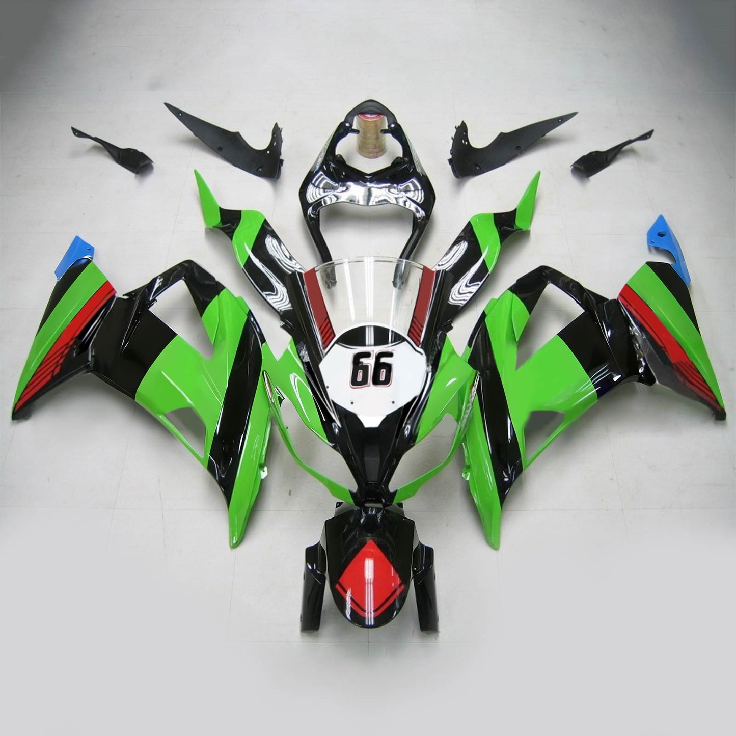 Amotopart Kawasaki 2013-2018 ZX6R 636 Green Black No. 66 Kit di spostamento
