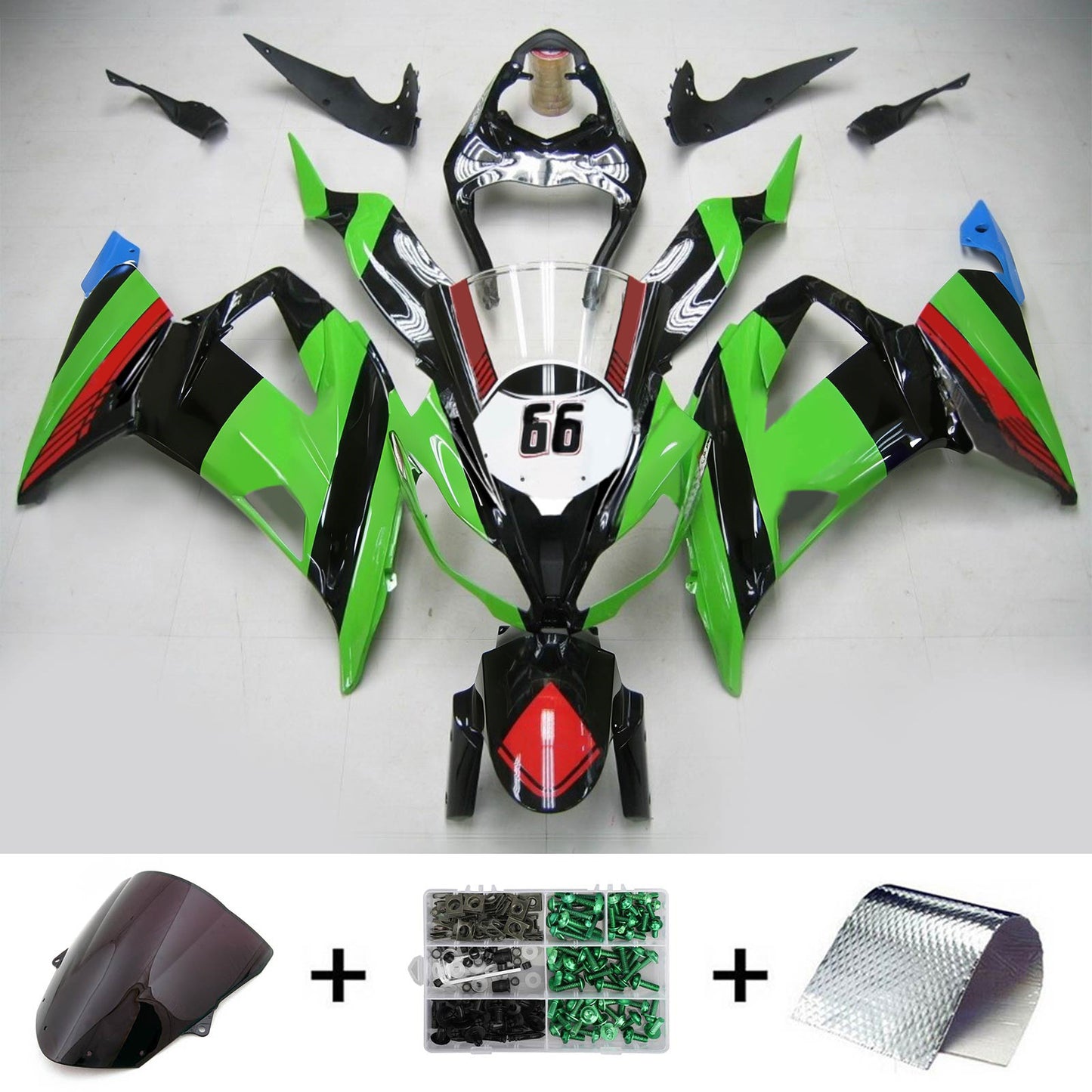 Amotopart Kawasaki 2013-2018 ZX6R 636 Green Black No. 66 Kit di spostamento