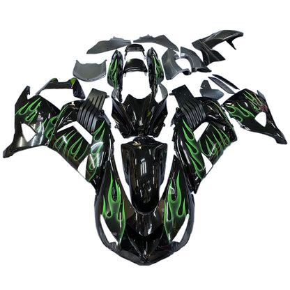 Carene 2006-2011 Kawasaki ZX14R Black &amp; Green Flame Ninja Racing Generico