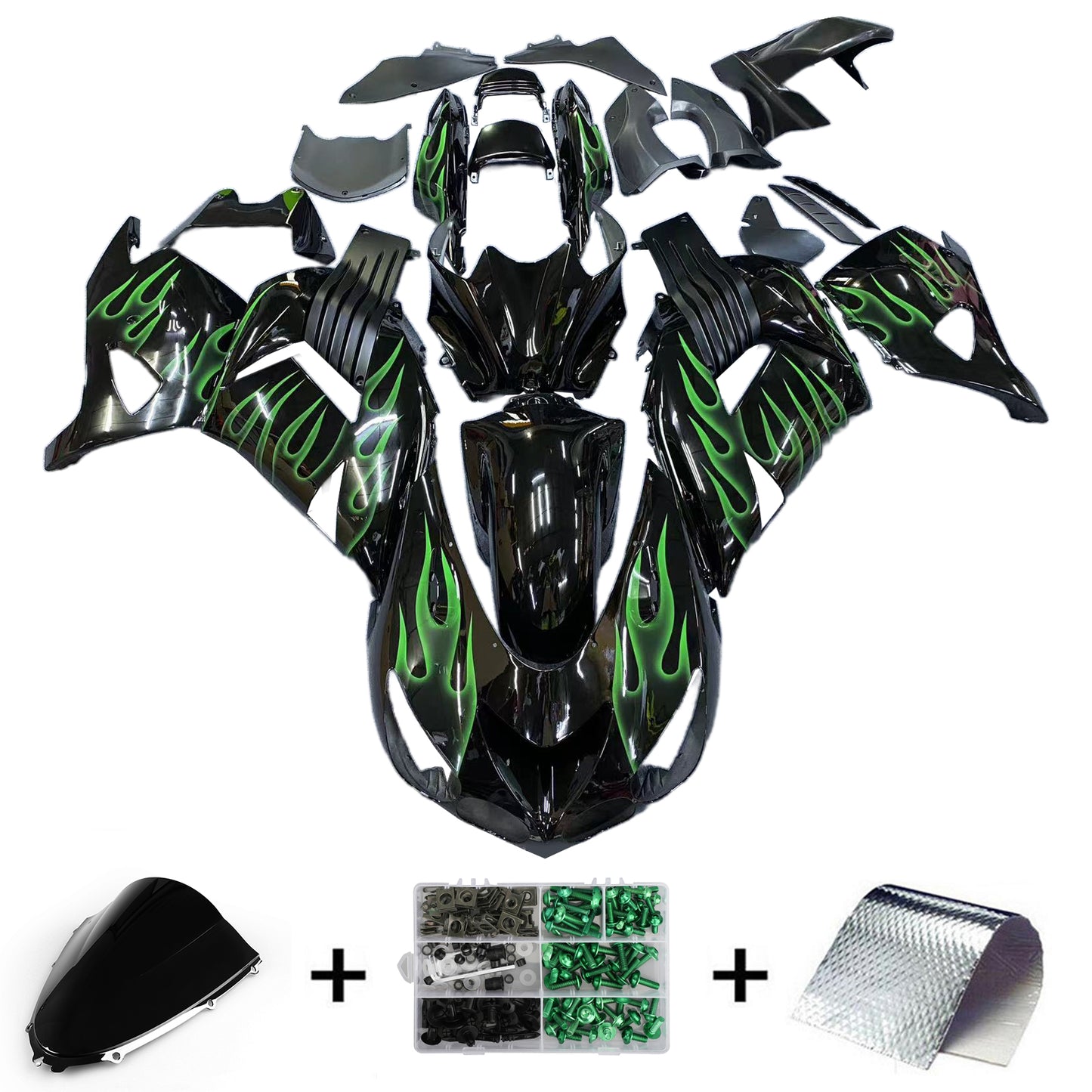 Carene 2006-2011 Kawasaki ZX14R Black &amp; Green Flame Ninja Racing Generico