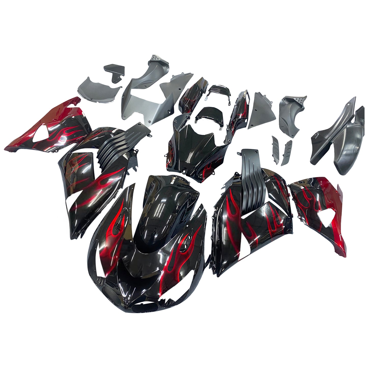 Carene 2006-2011 Kawasaki ZX14R Black & Red Flame Ninja Racing Generico