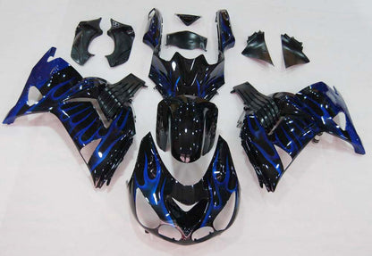 Per Ninja ZX14R 2006-2011 Black &amp; Blue Flame Carrozzeria Carenatura ABS Plastica stampata ad iniezione Set 5 # Generico