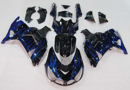 Per Ninja ZX14R 2006-2011 Black &amp; Blue Flame Carrozzeria Carenatura ABS Plastica stampata ad iniezione Set 5 # Generico