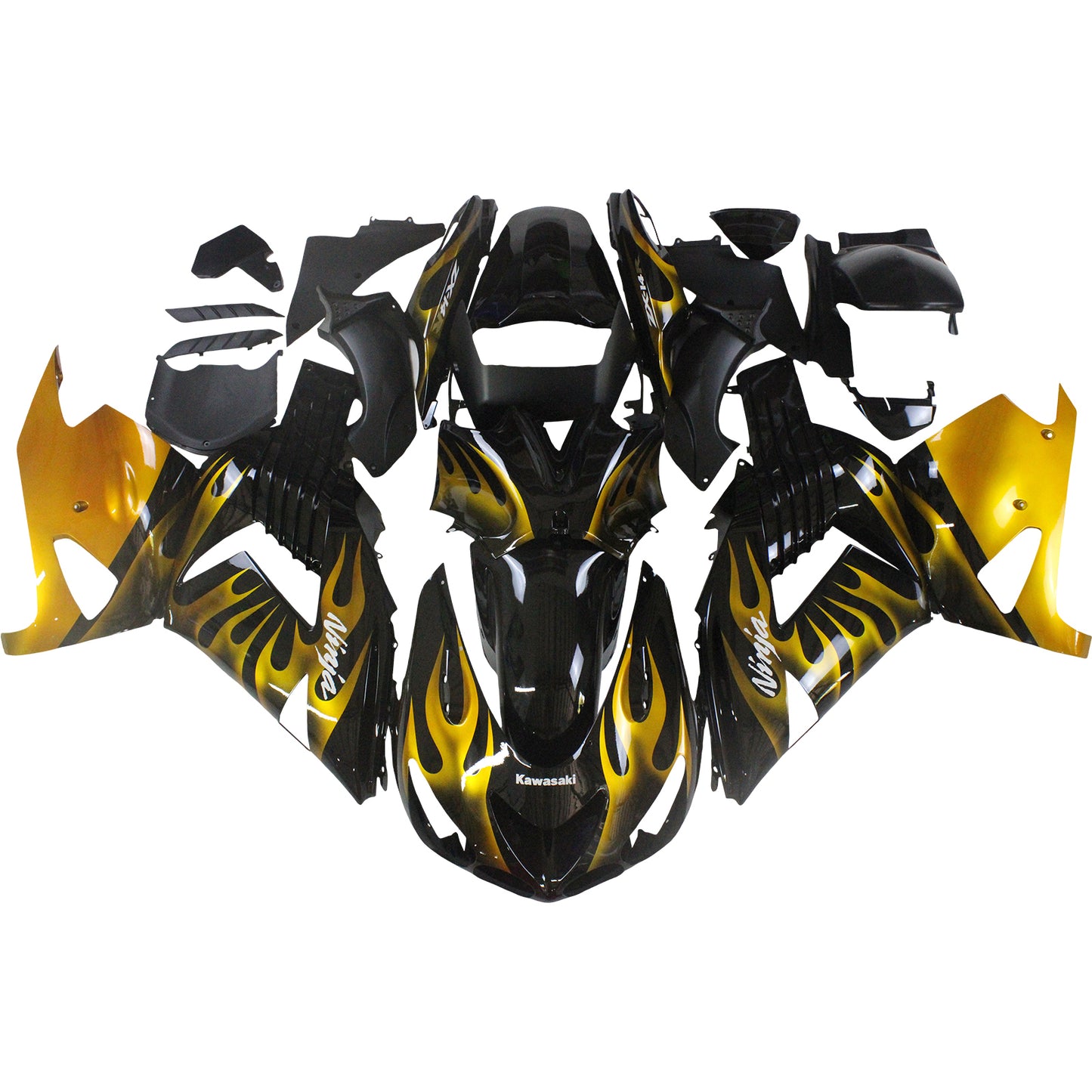 Per Ninja ZX14R 2006-2011 Black &amp; Gold Flame Carrozzeria Carena ABS Stampato ad iniezione Plastica Set 6 # Generico