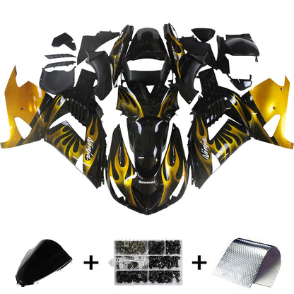 Per Ninja ZX14R 2006-2011 Black &amp; Gold Flame Carrozzeria Carena ABS Stampato ad iniezione Plastica Set 6 # Generico