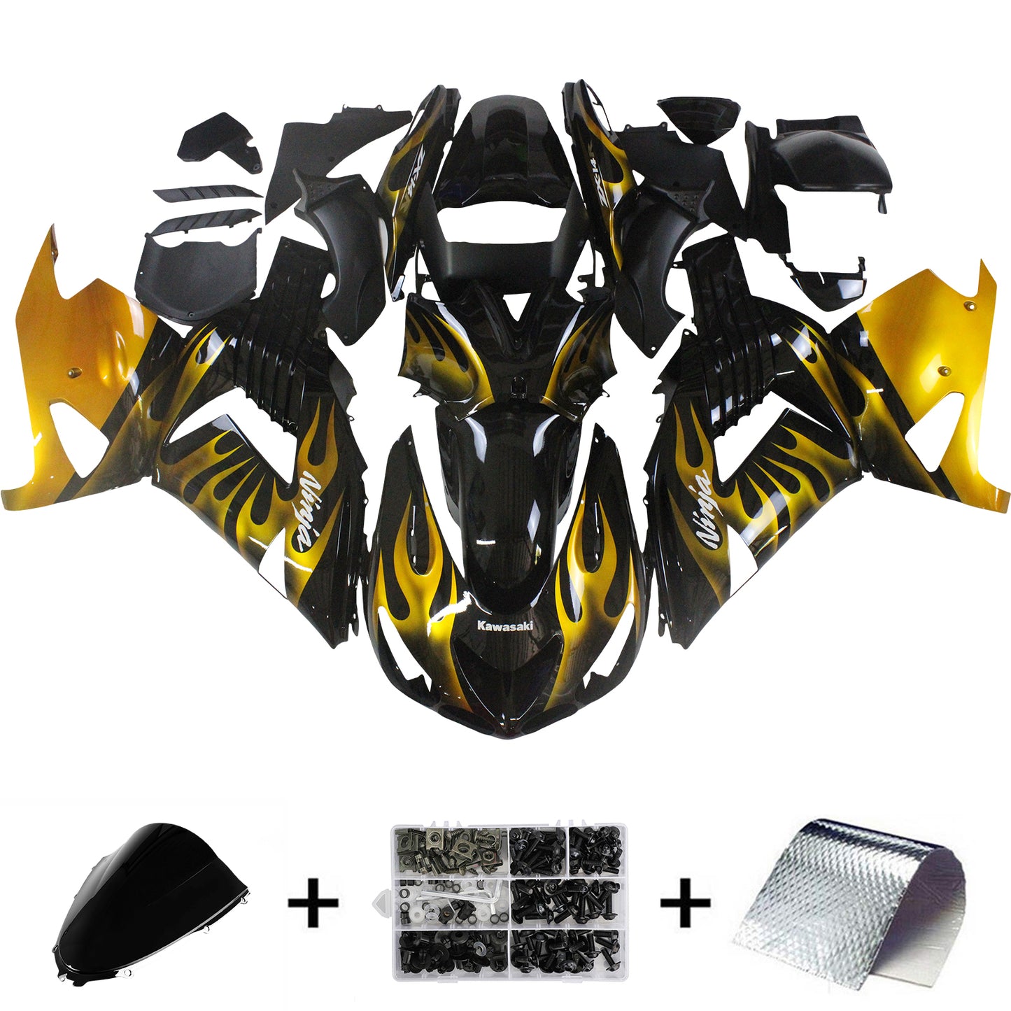 Carene 2006-2011 Kawasaki ZX14R Black &amp; Gold Flame Ninja Racing Generico