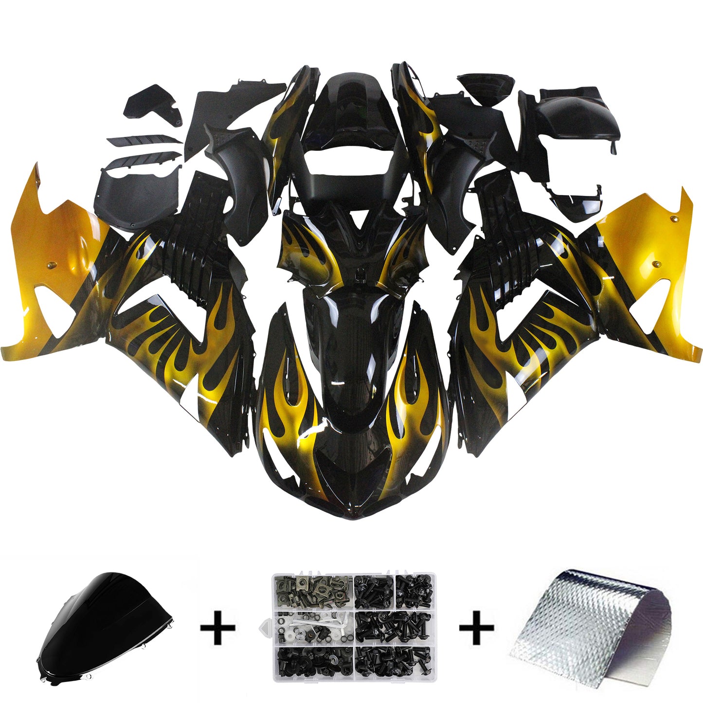 Carene 2006-2011 Kawasaki ZX14R Black &amp; Gold Flame Ninja Racing Generico