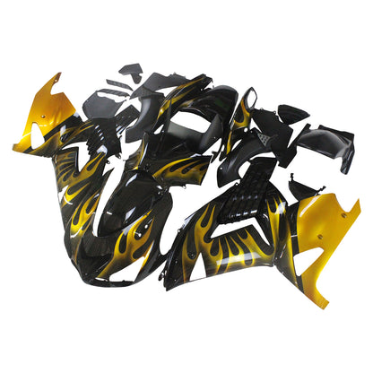 Per Ninja ZX14R 2006-2011 Black &amp; Gold Flame Carrozzeria Carena ABS Stampato ad iniezione Plastica Set 6 # Generico