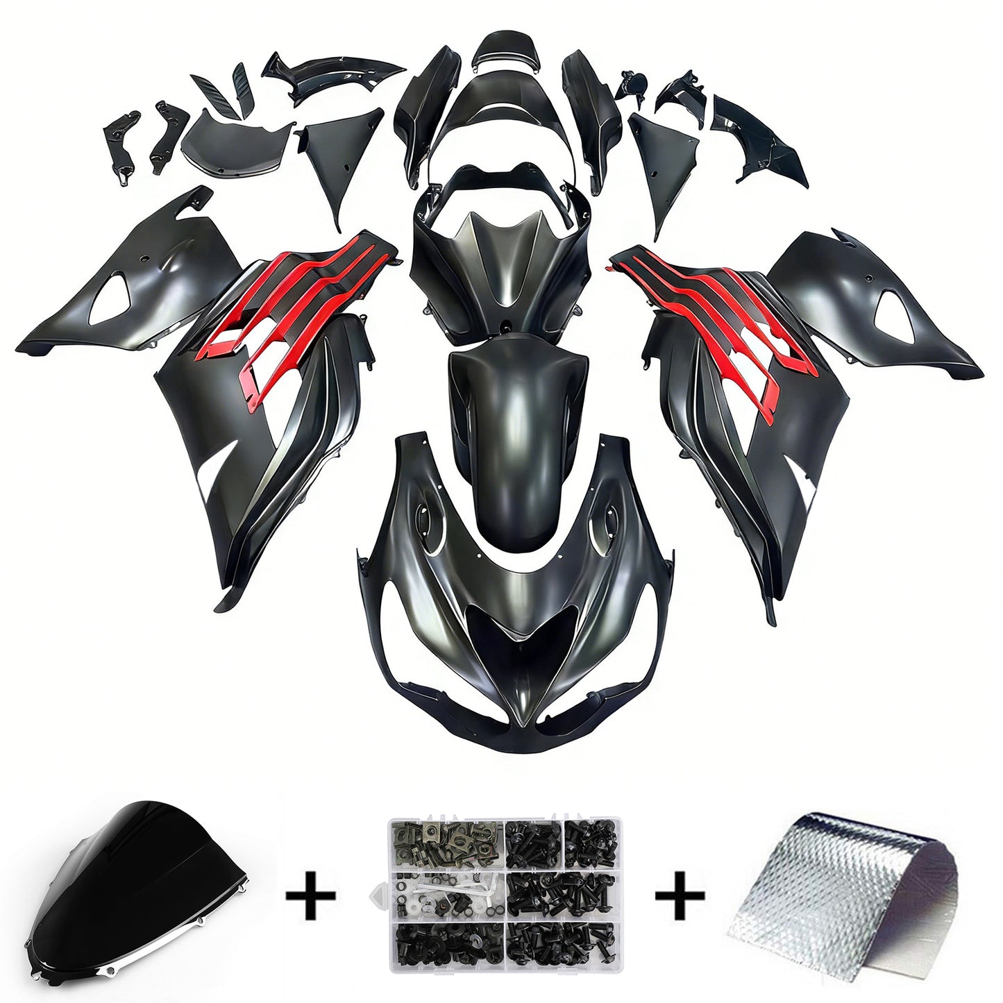 Per Ninja ZX14R 2012-2021 Nero Rosso Carrozzeria Carenatura ABS Stampato ad iniezione Plastica Set 8 # Generico