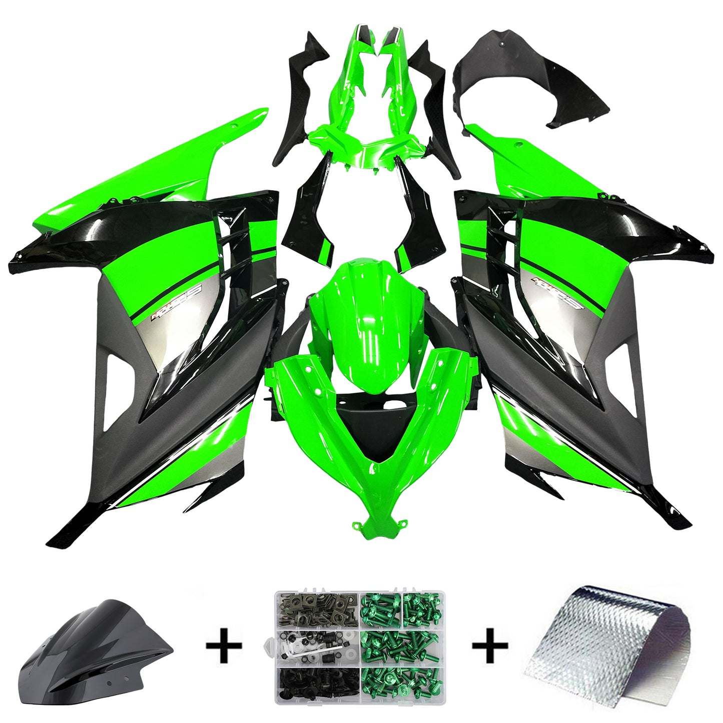 Amotopart 2013-2017 Kawasaki Ex300r Cladding Green & Black Kit