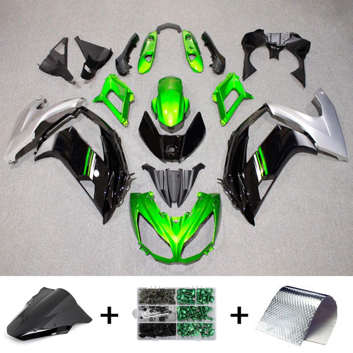 Amotopart 2012-2016 Kawasaki Ninja 650 Green Sliver Black Fearing Kit