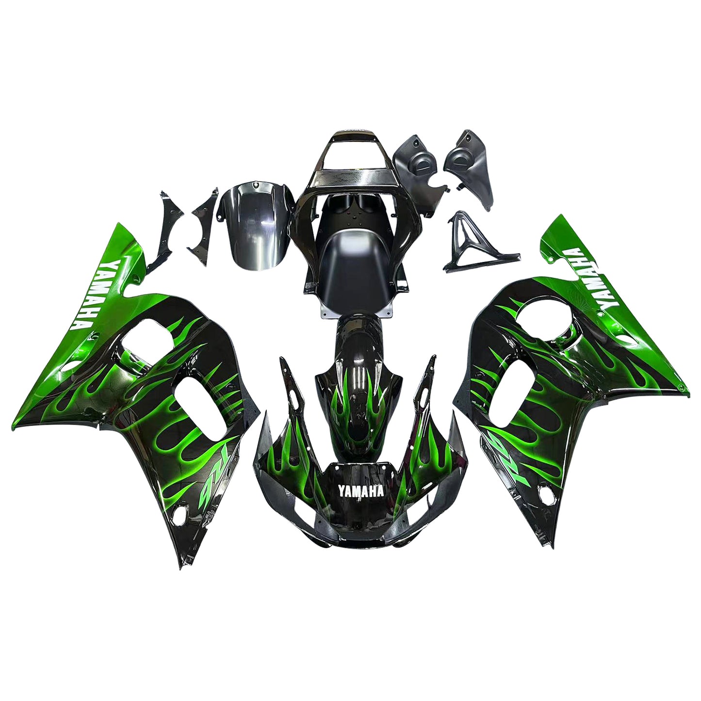 Carene 1998-2002 Yamaha YZF-R6 Black &amp; Green Flame R6 Generico