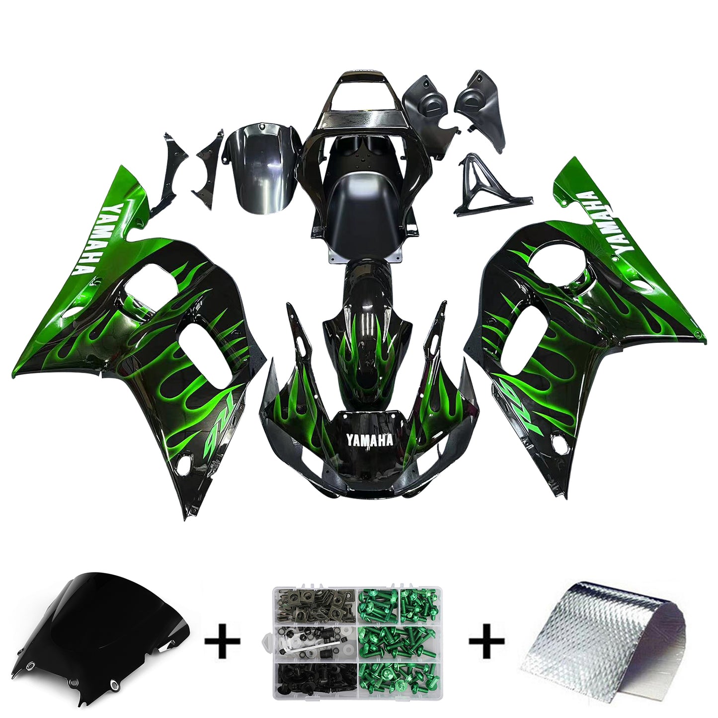 Carene 1998-2002 Yamaha YZF-R6 Black &amp; Green Flame R6 Generico