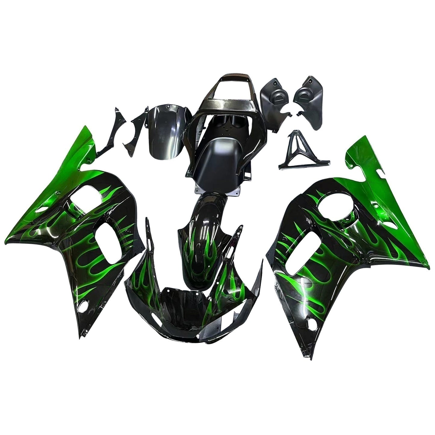 Carene 1998-2002 Yamaha YZF-R6 Black &amp; Green Flame R6 Racing Generico