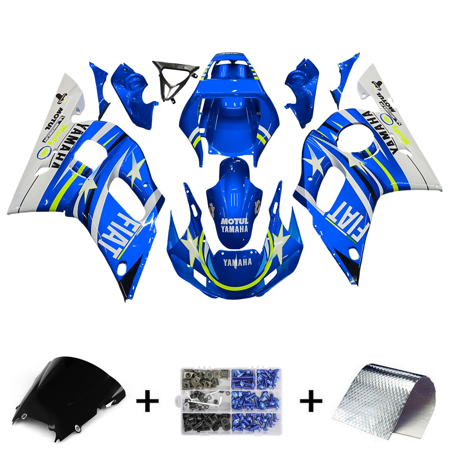 Amotopart Yamaha 1998-2002 YZF 600 R6 Blue con kit di rivestimento a stella bianca