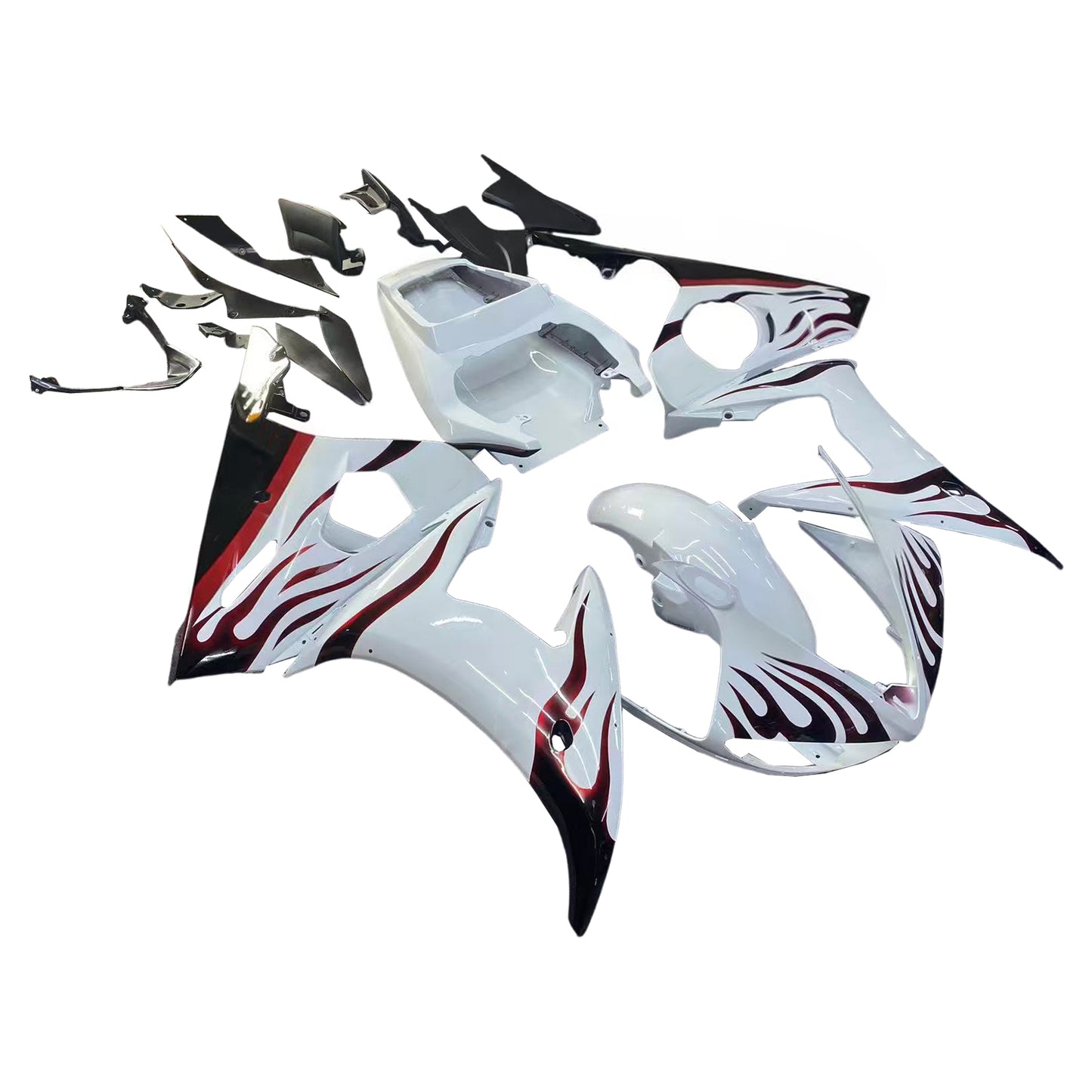 Amotopart 2005 Yamaha R6 Disguise kit di fiamma bianca e nera