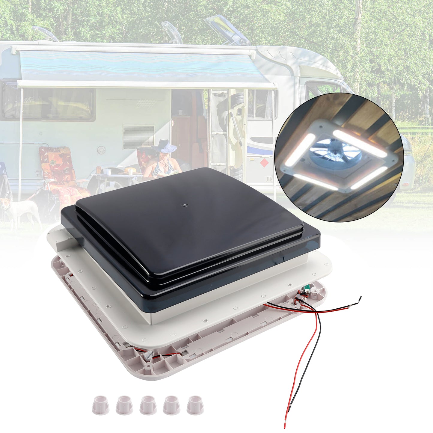 14" RV Caravan Roof Vent Motore a 3 velocità RV Fan 12V Lucernario con luce a LED 0100061