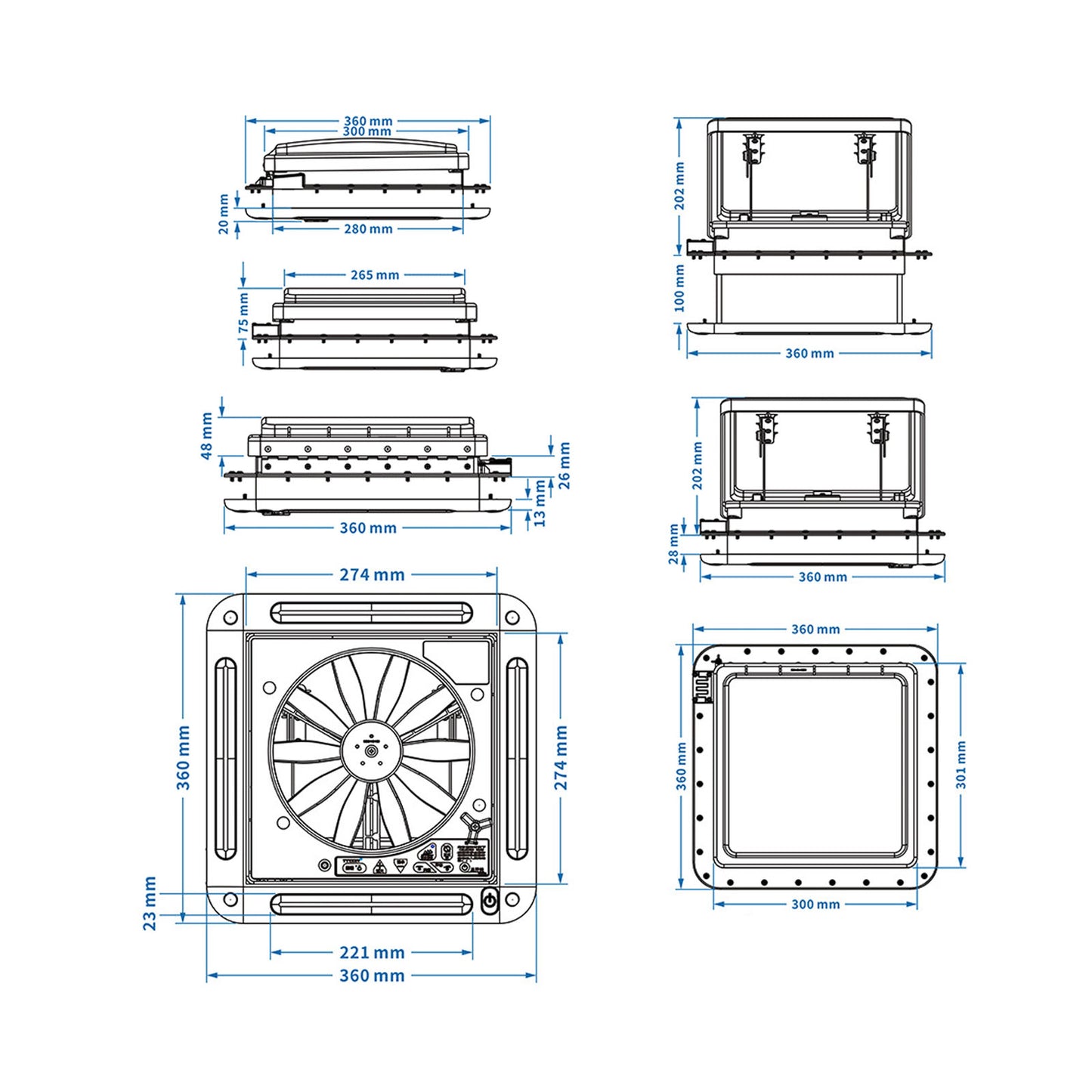 Lucernario con luce a LED 010006114" RV Caravan Roof Vent Motore a 3 velocità RV Fan DC12V