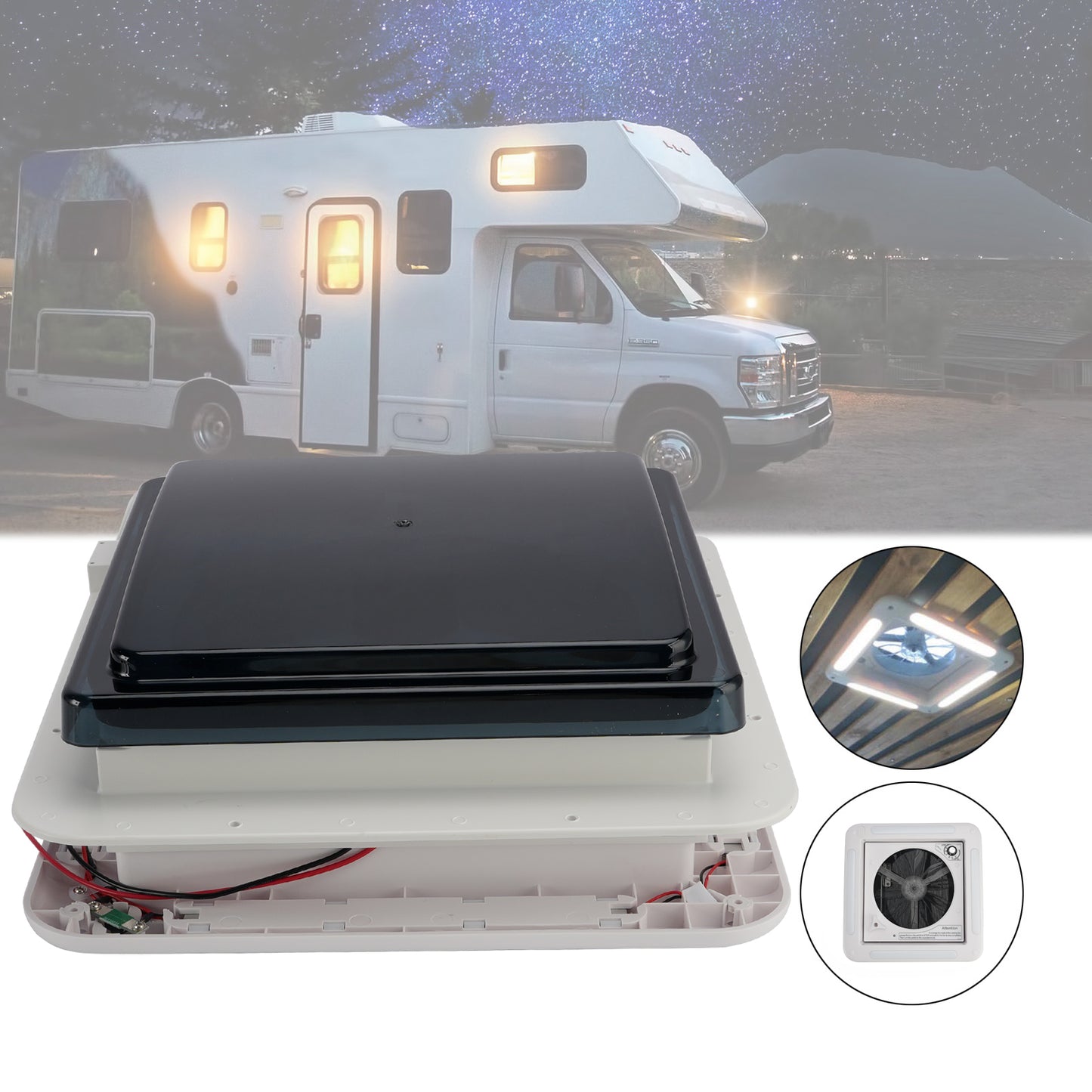 Ventilatore da tetto per camper da 11 pollici, motore a 3 velocità, lucernario da 12 V con luce a LED