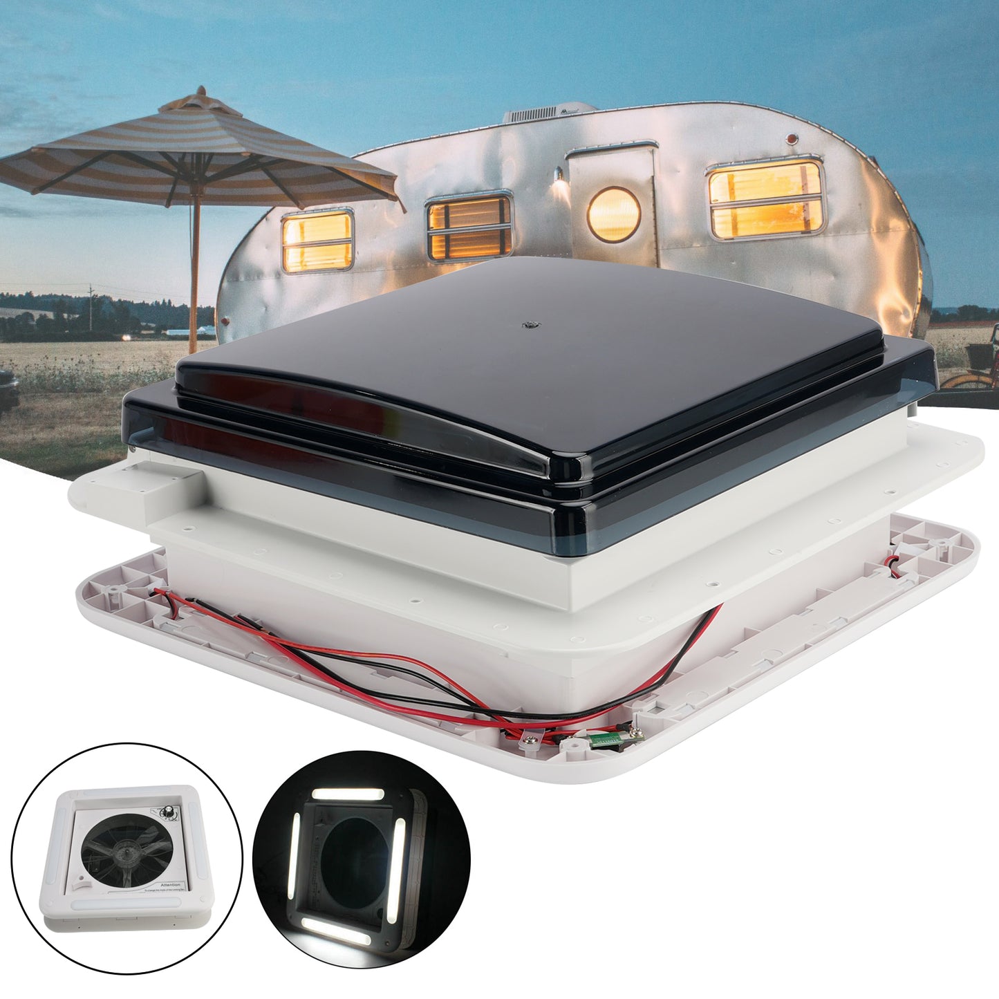Ventilatore da tetto per camper da 11 pollici, motore a 3 velocità, lucernario da 12 V con luce a LED