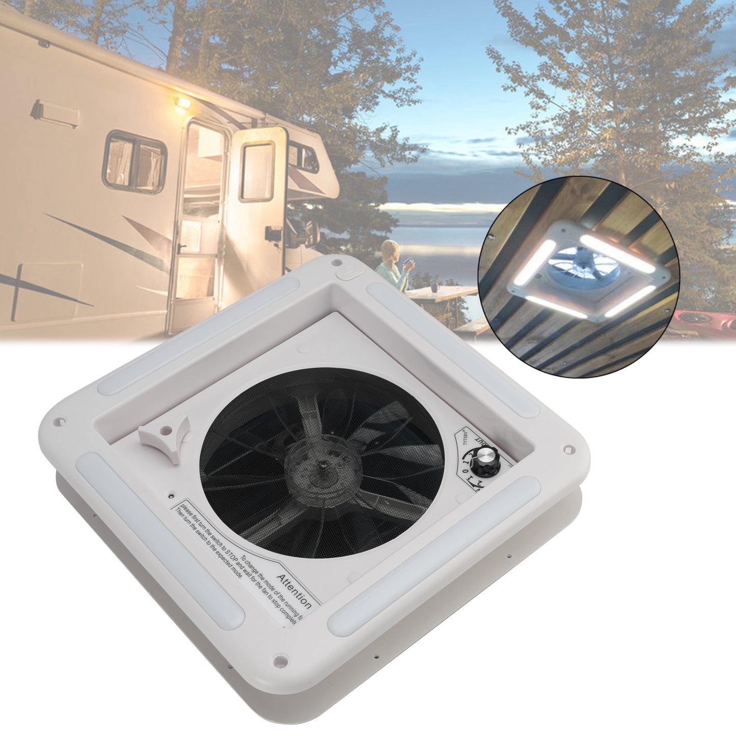 Ventilatore da tetto per camper da 11 pollici, motore a 3 velocità, lucernario da 12 V con luce a LED