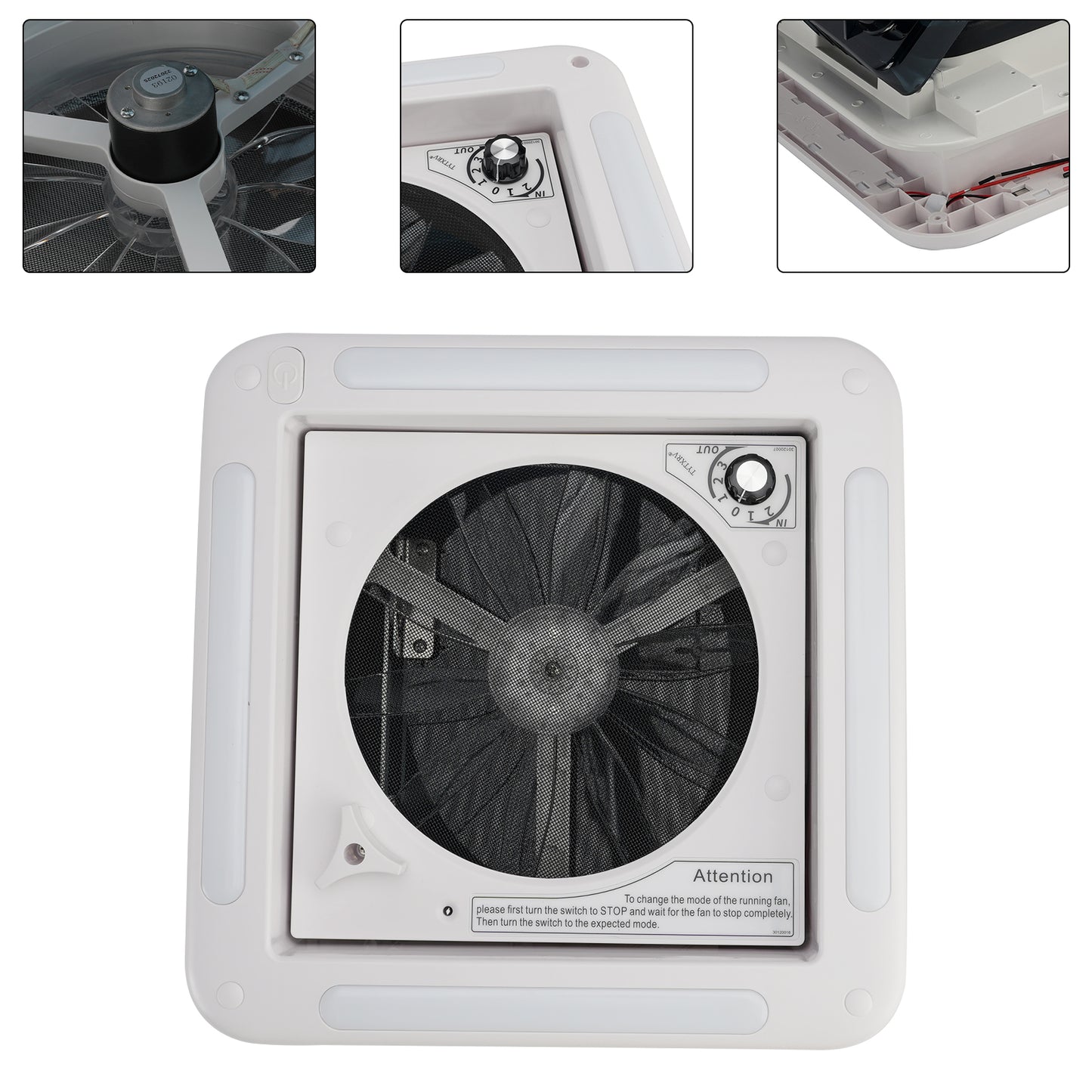 Ventilatore da tetto per camper da 11 pollici, motore a 3 velocità, lucernario da 12 V con luce a LED