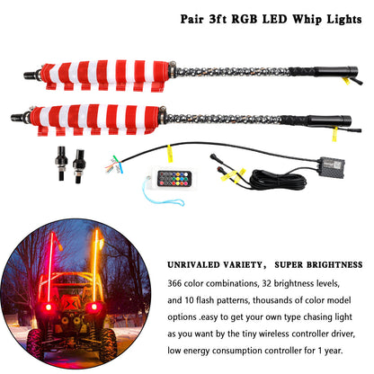 2X 3ft RGB LED Whip Lights Antenna con telecomando a bandiera per Polaris RZR UTV ATV