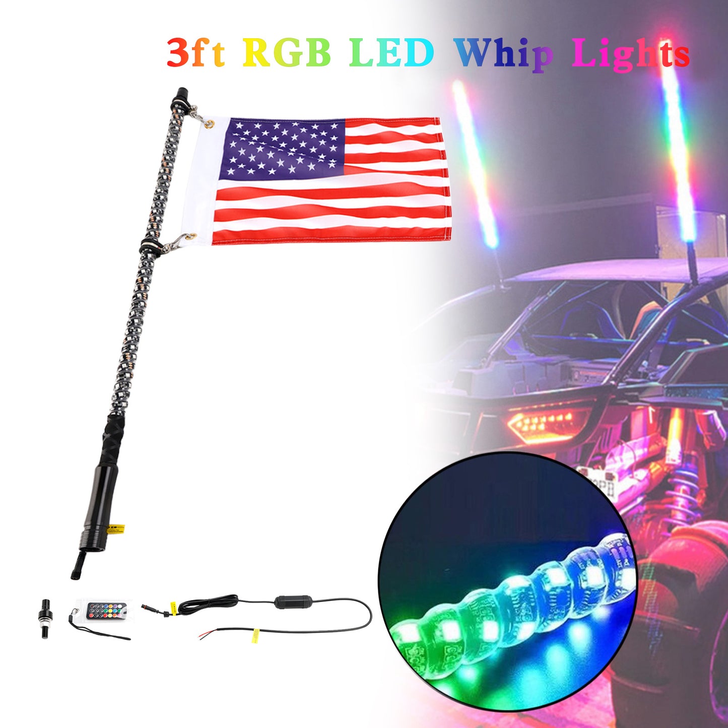 Antenna con luci a frusta LED RGB da 3 piedi con telecomando a bandiera per Polaris UTV ATV