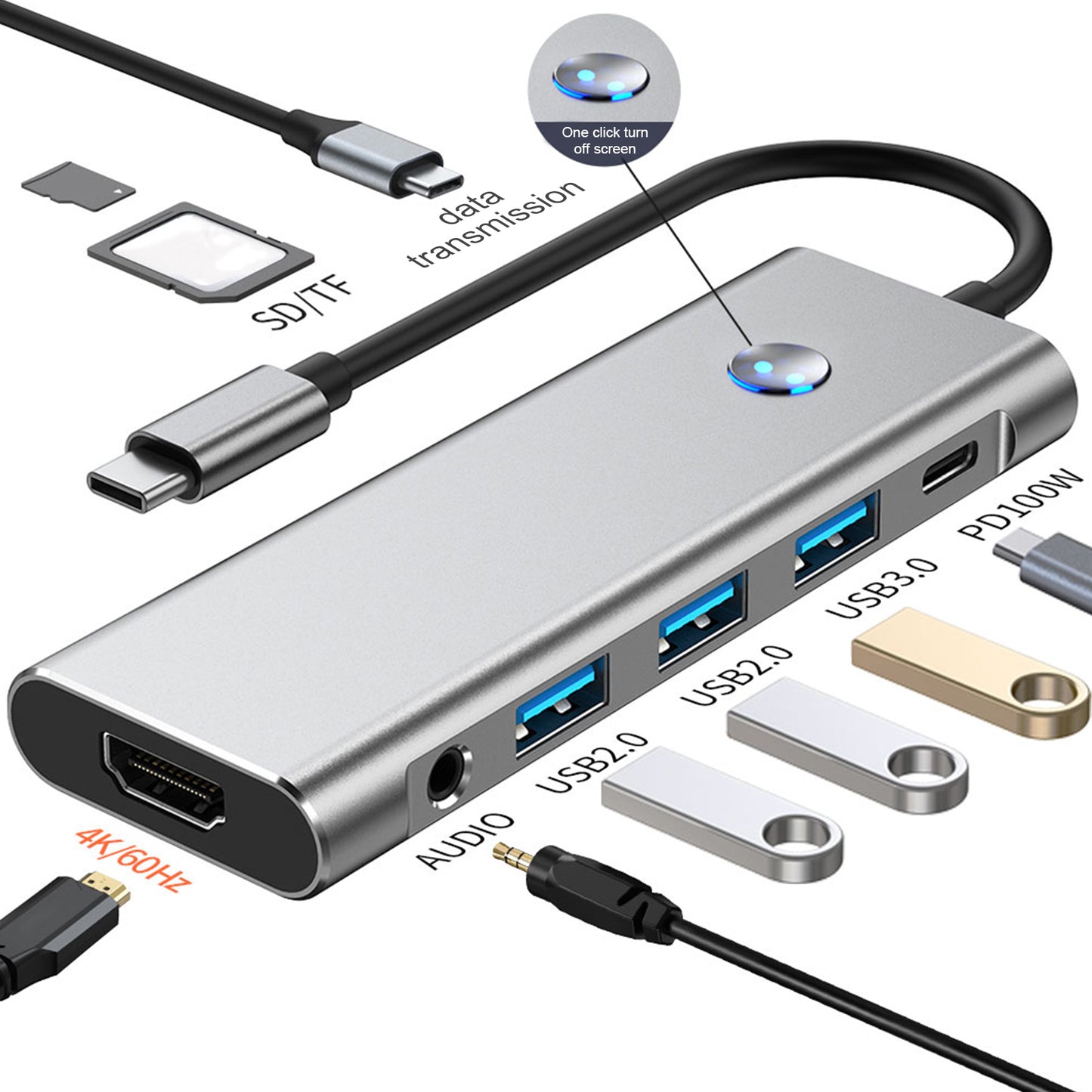 Adattatore hub interfaccia dati audio 9 in 1 TYPE-C+USB3.0 USB2.0 HDMI SD/TF PD100W