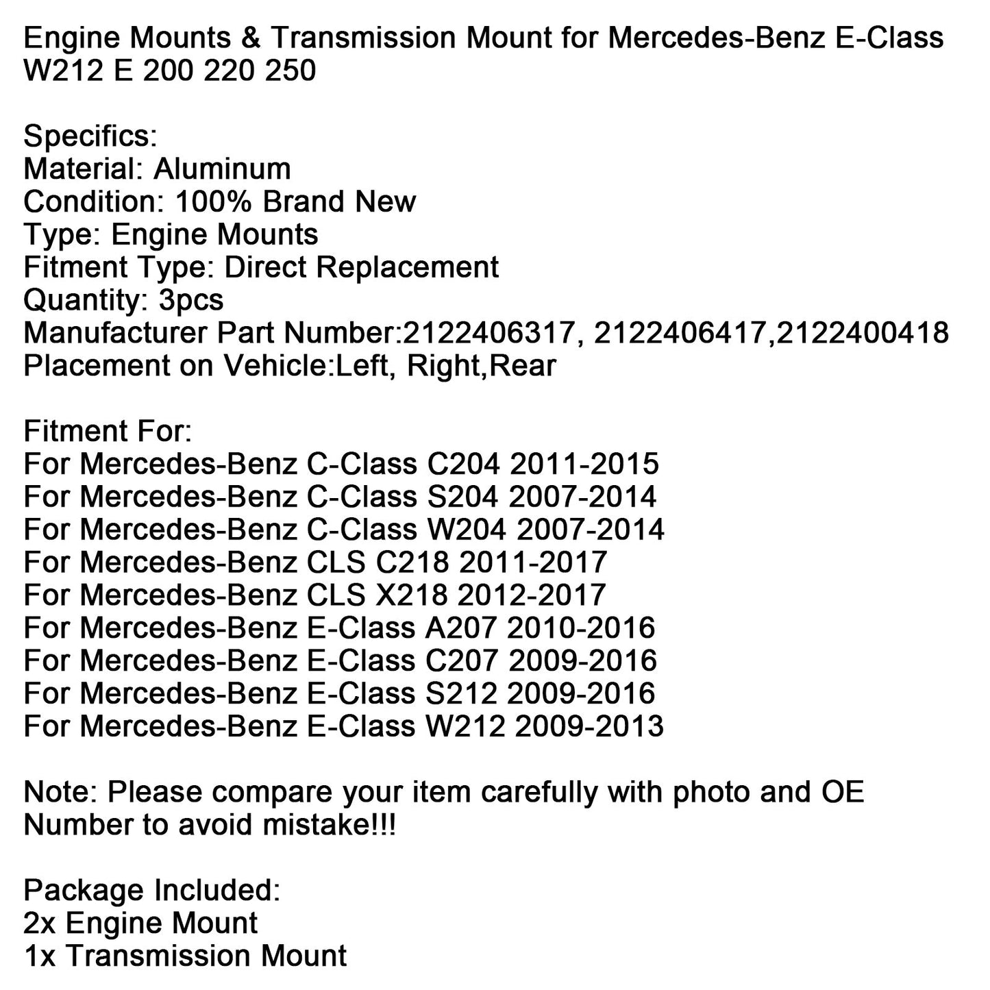 2009-2013 Mercedes-Benz Classe E W212 3 supporti motore e supporto trasmissione 2122406417 2122400418