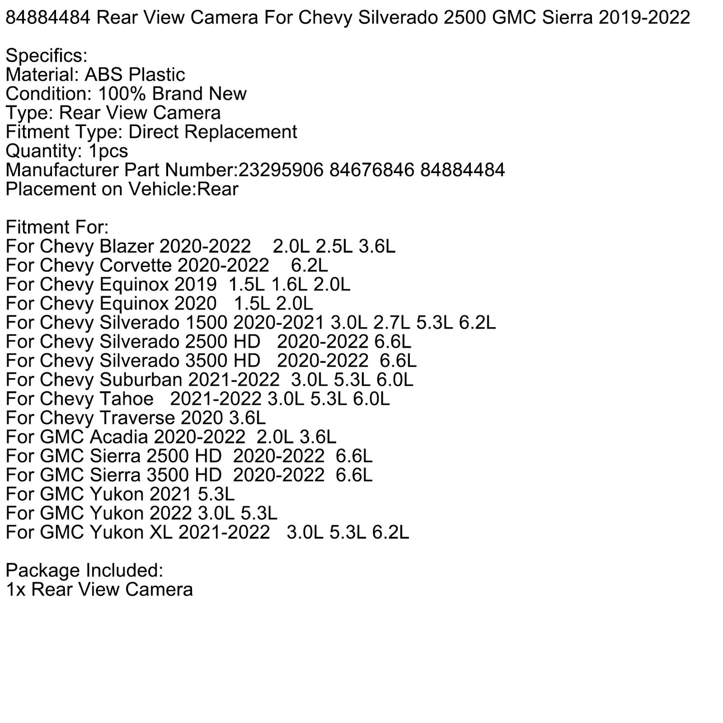 Telecamera posteriore per Chevrolet Corvette 6.2L 2020-2022 84884484