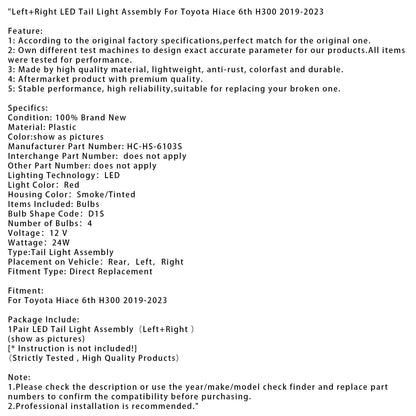Gruppo ottico posteriore a LED sinistro e destro Toyota Hiace 6th H300 2019-2023
