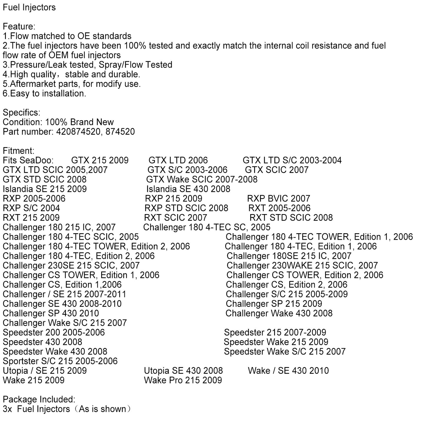 3 pezzi 420874520 iniettori di carburante 874520 per Sea-Doo GTX 4 TEC GTX 215 GTX RXP